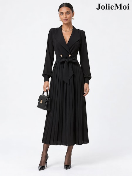 Black - Jolie Moi Tailored Wrap Pleated Coat Maxi Dress