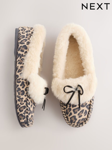 Hellbraun/Animalprint - Moccasin Fur Trim Slippers (F12933) | 41 €