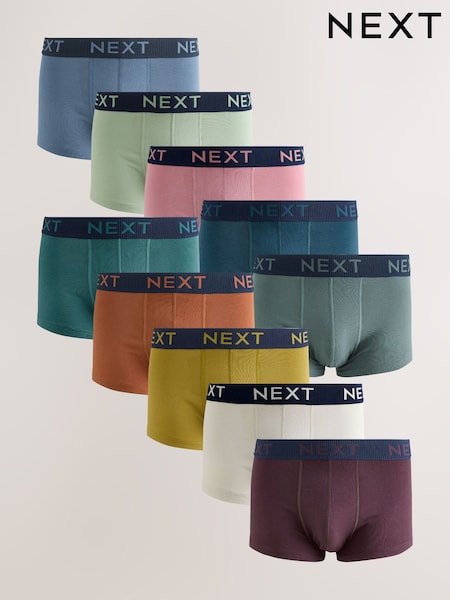 Pink/ Blue/ Green Navy Textured Waistband 10 pack Cotton Rich Blend Hipsters Boxers (F13006) | €54