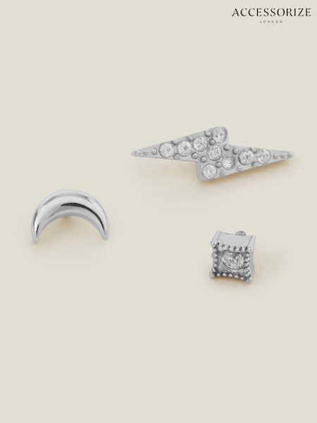 Accessorize Silver Tone Platinum-Plated Surgical Steel Celestial Flatback Stud Earrings 3 Pack (F13347) | €21.50