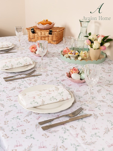 Avalon Home White and Pink Bunnies and Bows Tablecloth (F13447) | $156