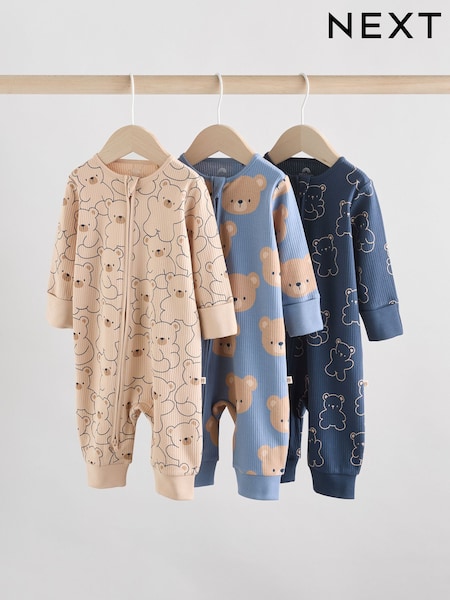 Brown/Navy Baby Two Way Zip Footless Cotton Sleepsuits 3 Pack (0mths-3yrs) (F13452) | AED102 - AED112