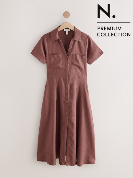 Chocolate Brown Premium 100% Linen Midi Shirt Dress (F13467) | €103