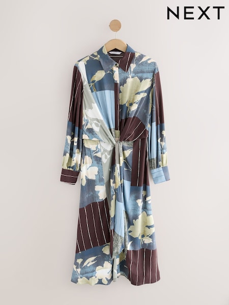Light Blue Floral Twist Front Maxi Shirt Dress (F13530) | R$ 565