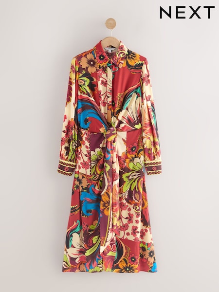 Dark Red Paisley Print - Twist Front Maxi Shirt Dress (F13537) | 86 €