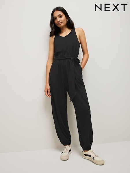 Black Sleeveless Jersey Tie Waist Jumpsuit (F13539) | €41