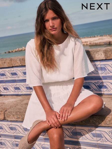 White Shirred Waist Playsuit (F13541) | €42