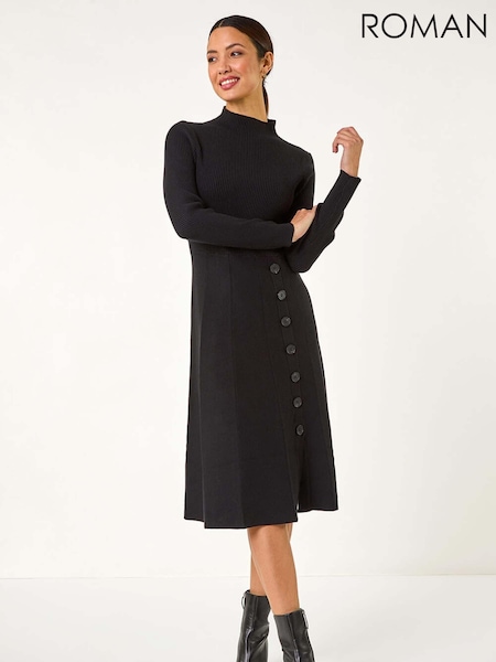 Negru - Rochie tricotată Roman cu detaliu de nasturi (F13577) | 432 LEI