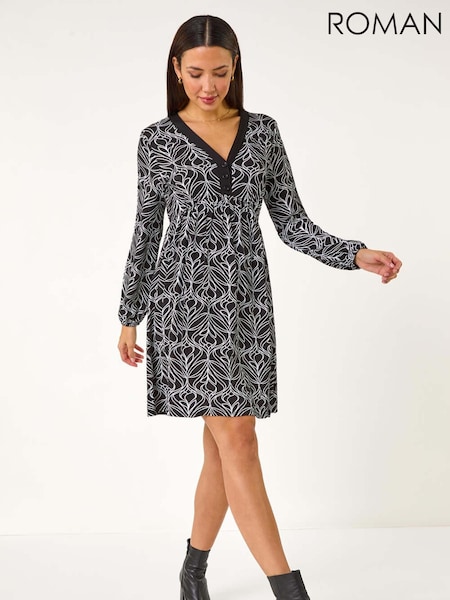 Roman Black Geo Print Button Detail Stretch Dress (F13589) | AED349