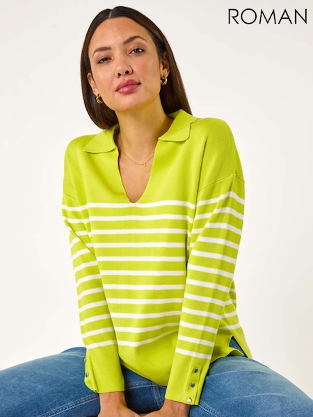 Roman Green Horizontal Stripe Collared Knit Jumper (F13608) | ₪302