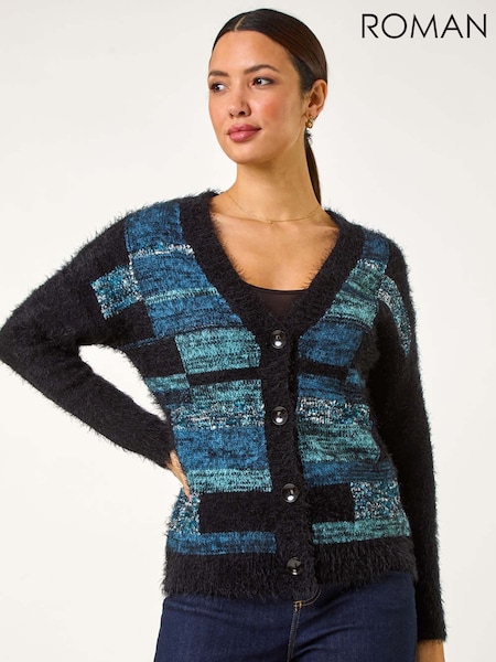 Roman Blue Colourblock Fluffy Knit Cardigan (F13617) | €58