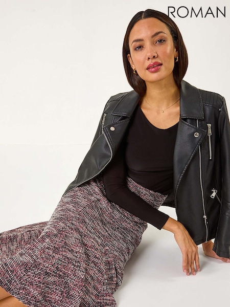 Roman Red Textured Boucle Panel Stretch Skirt (F13623) | €64