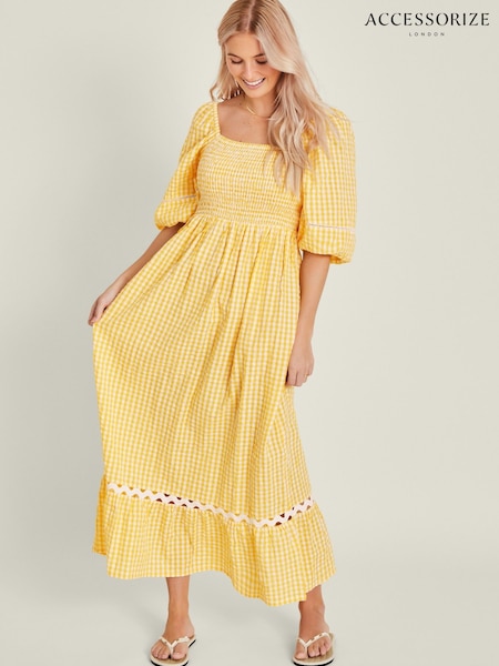 Accessorize Yellow Gingham Puff Sleeve 100% Cotton Maxi Dress (F13629) | €80