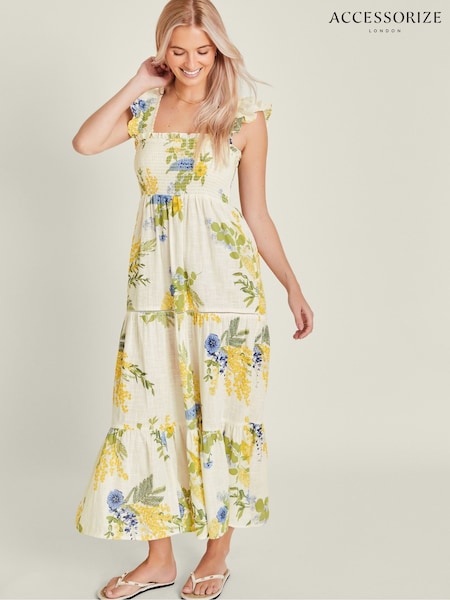 Accessorize Natural Floral Frill Strap Smocked 100% Cotton Maxi Dress (F13649) | €80