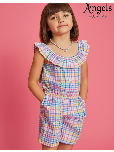 Angels By Accessorize Floral Embroidered Check Bardot Girls Playsuit (F13657) | 142 LEI - 149 LEI