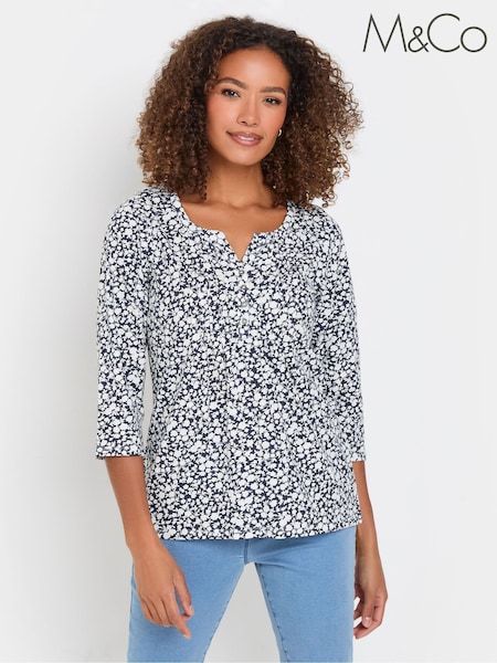 M&Co Blue 3/4 Sleeve 100% Cotton Henley Top (F13681) | $42