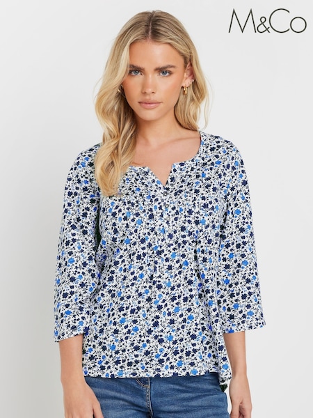 Valkoinen - M&Co Petite 3/4 hihat, 100% puuvillaa Henleys toppi (F13707) | €38
