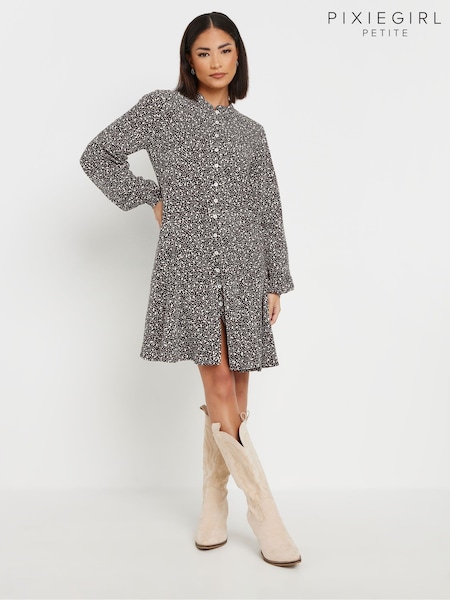 PixieGirl Petite Black Geometric Button Front Smock Mini Dress (F13729) | €46
