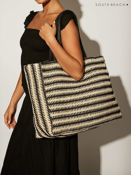 South Beach Monochrome Straw Woven Shoulder Tote Bag (F13779) | €34