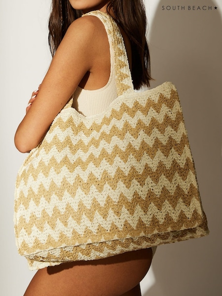 South Beach Cream Monochrome Straw Woven Shoulder Tote Bag (F13780) | ₪121