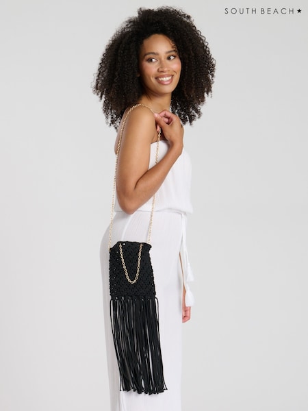 South Beach Black Fringe Detail Cross-Body 100% Cotton Chain Bag (F13783) | AED116