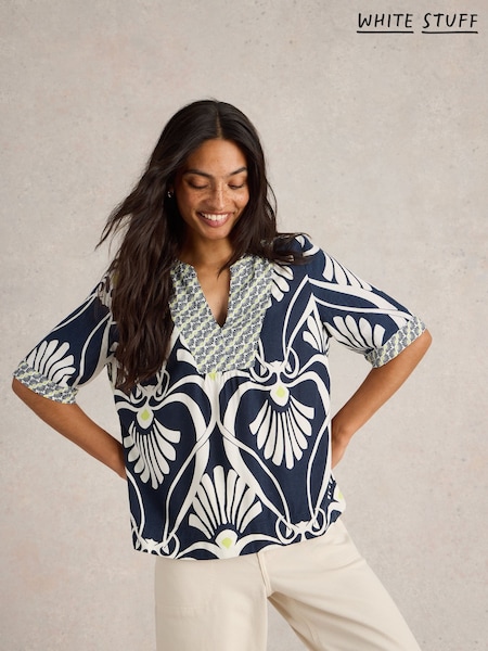White Stuff Blue Ash Linen Blend Top (F13831) | ₪338