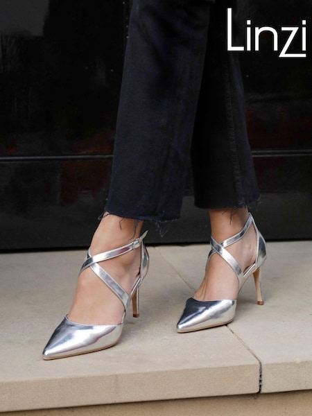 Linzi Silver Runway Faux Leather Stiletto Court Heels With Crossover Front Strap (F14035) | AED221