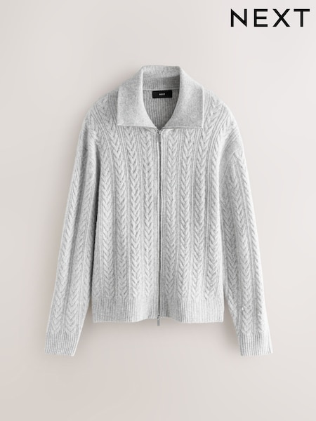 Grey Texture Relaxed Fit Cosy Zip Through Collared Cardigan with Wool (F14110) | 238 QAR