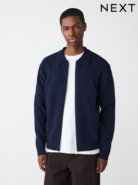 Navy Blue Plain Relaxed Fit Cosy Zip Through Collared Cardigan with Wool (F14122) | 188 QAR