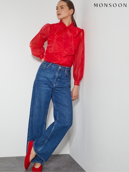 Monsoon Red Rosa Organza Pussybow Blouse (F14190) | 346 QAR