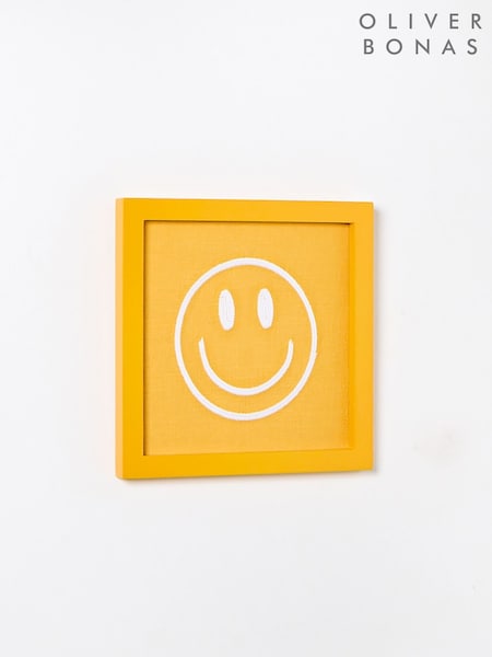 Oliver Bonas Yellow Embroidered Happy Face Framed Wall Art (F14223) | €34
