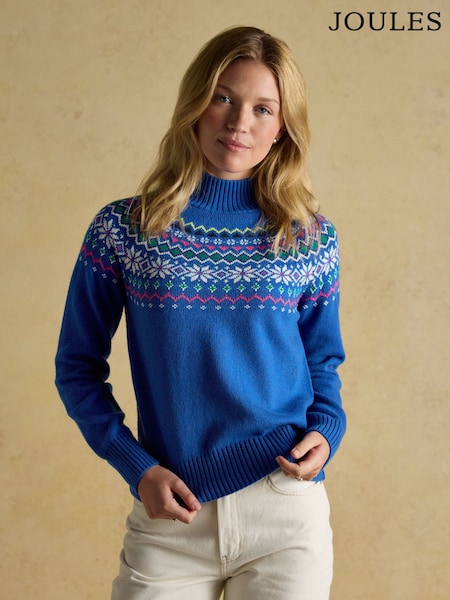 Joules Alba Blue Fairisle High Neck Cotton-Blend Jumper (F14288) | €91