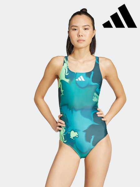 adidas Green Tie Dye Graphic Print V Back Swimsuit (F14336) | R$ 375