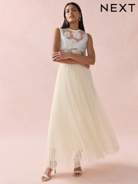 בז' - Pleated Mesh Tulle Maxi Skirt (F14403) | ‏150‏₪
