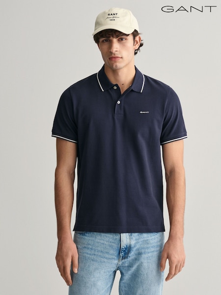 GANT Navy Blue Tipped Collar Pique 100% Cotton Polo Shirt (F14427) | AED408