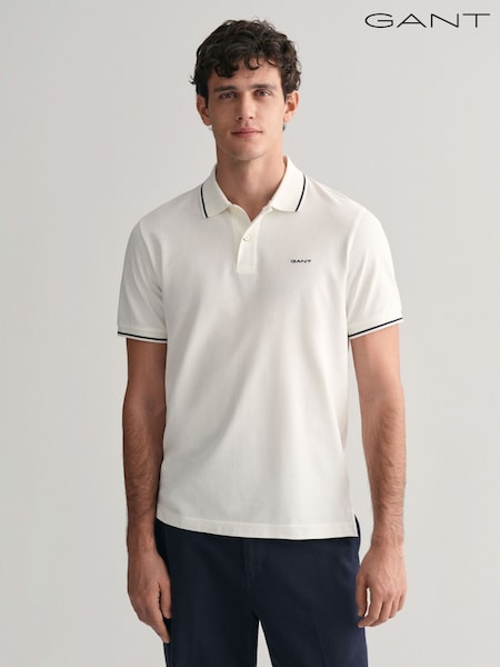 GANT White Tipped Collar Pique 100% Cotton Polo Shirt (F14443) | €64
