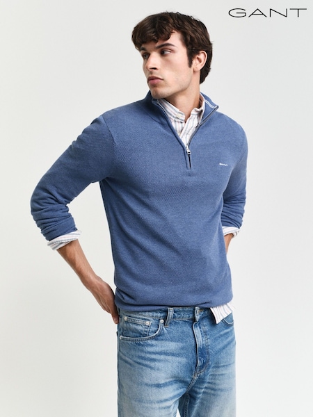 Albastru - GANT Classic Half Zip 100% Cotton  Jumper (F14473) | 931 LEI