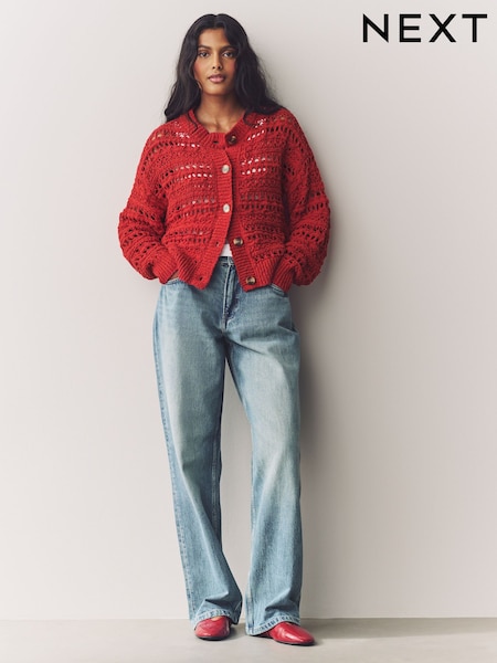 rdeča - 100% Cotton Stitch Knitted Cardigan (F14578) | € 41