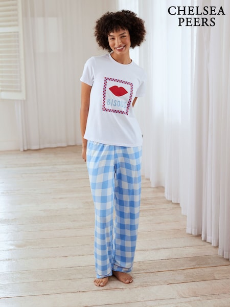 Chelsea Peers Blue Kiss Print Gingham Long Pyjamas Set (F14706) | R$ 375