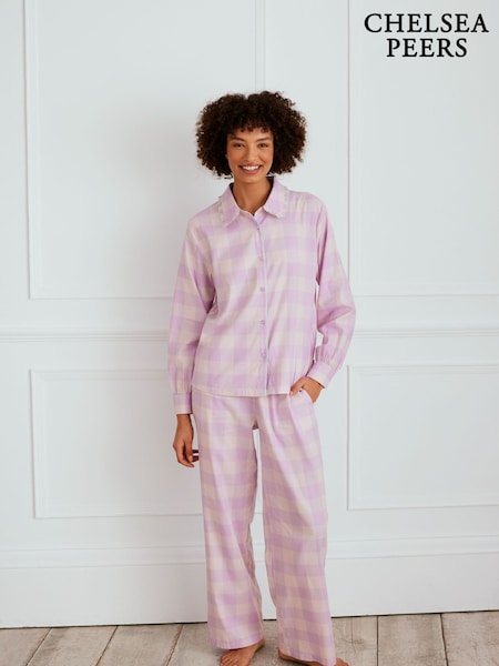 Chelsea Peers Purple 100% Cotton Gingham Frill Long Pyjamas Set (F14720) | R$ 590