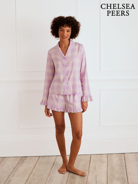 Chelsea Peers Purple 100% Cotton Gingham Frill Short Pyjamas Set (F14754) | R$ 495