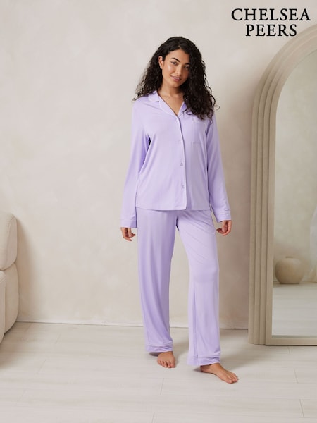 Chelsea Peers Purple TENCEL™ Modal Long Button Up Pyjamas Set (F14757) | ₪277