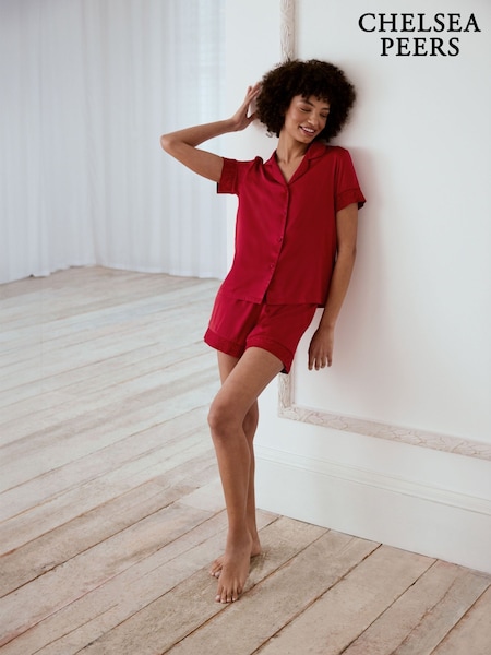 Chelsea Peers Red Satin Lace Trim Short Pyjama Set (F14765) | €60