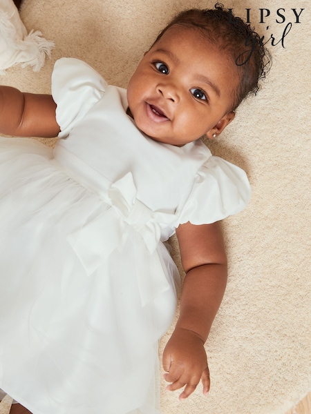 Lipsy Ivory Baby Puff Sleeve Occasion Dress (0mths-2yrs) (F14806) | €80 - €83