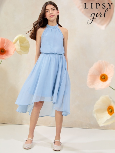 Lipsy Blue Halter Bubble Waist Occasion Dress (7-16yrs) (F14809) | 193 QAR - 233 QAR