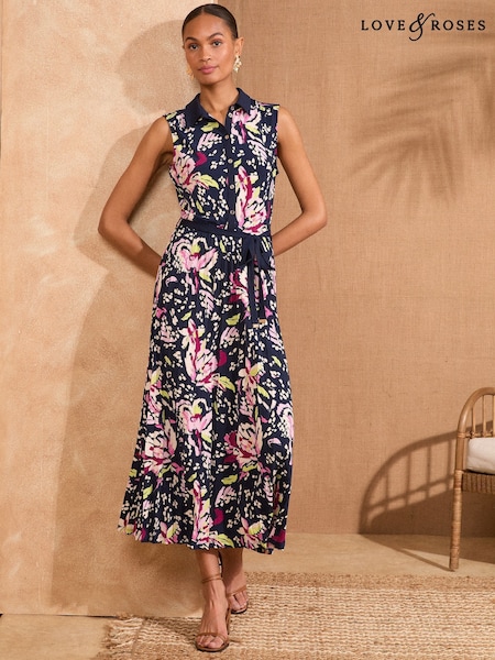 Love & Roses Navy Floral Printed Jersey Midi Shirt Dress (F14813) | €66