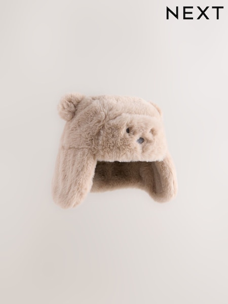 Beige Faux Fur Bear Faced Baby Trapper Hat (F14856) | €11