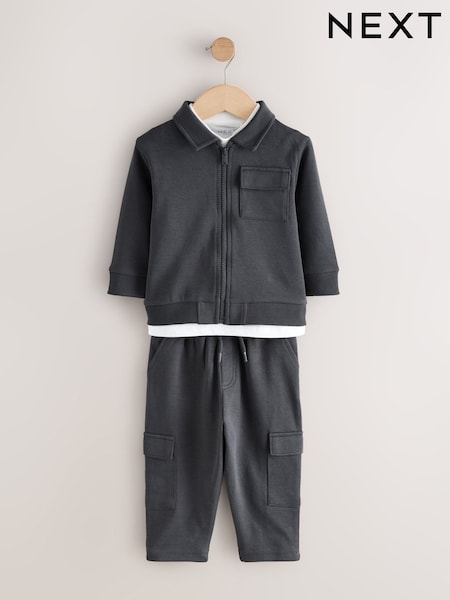 Charcoal Grey Zip Thru Bomber, T-Shirt And Joggers Set (3mths-7yrs) (F14870) | €35 - €43