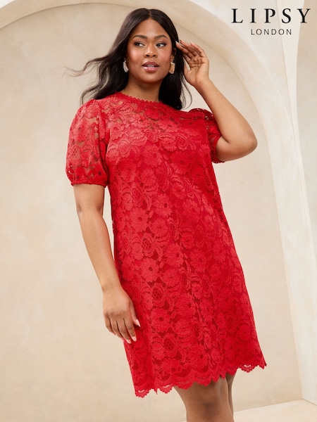 Lipsy Red Curve Lace Short Sleeve Mini Shift Dress (F14913) | €84