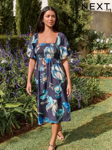 Navy Kew Gardens Puff Sleeve Off Shoulder Midi Dress (F14935) | €59.50